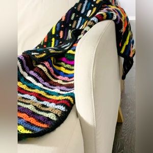 Reversible Afghan Blanket Handmade Crocheted Rainbow Stripes Black Blanket Boho
